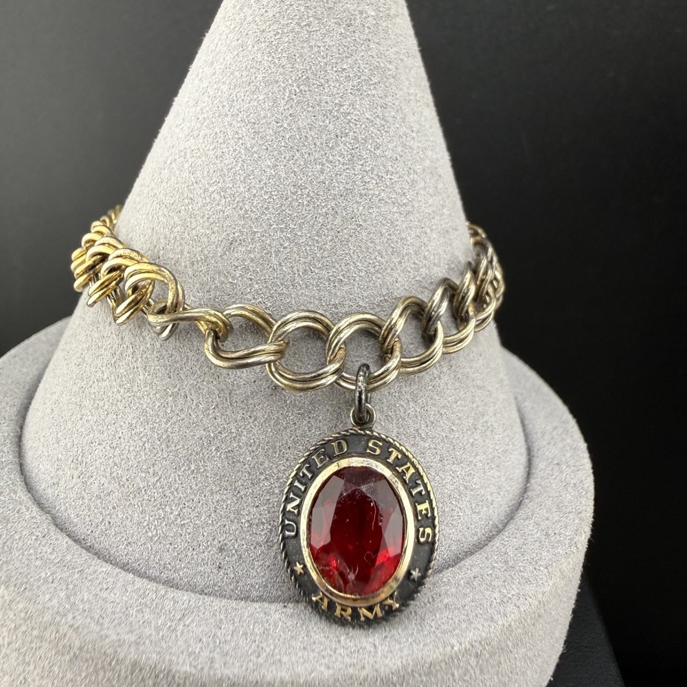 Vintage Crest Craft Sterling Silver Charm Bracelet United States Army Red 7"‎